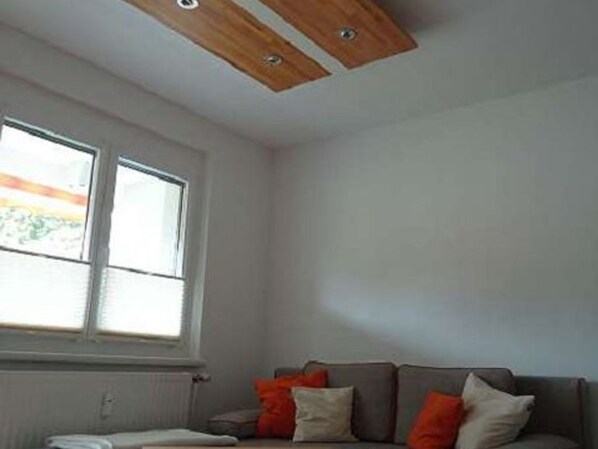 Una habitación con ventana, radiador, sofá con cojines y techo de madera.