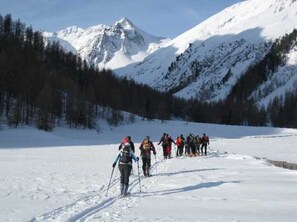 A group of people cross-country skiing on a snowy trail with mountains in the background.