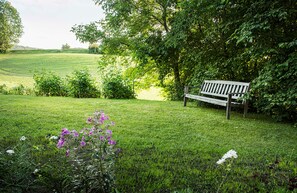 Eine grüne Wiese mit einer Bank und Blumen.