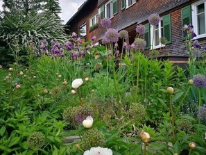 A garden with various plants and flowers in front of a brick house with green shutters. - Apartment 1, comfort and comfort (4 Edelweiss) - Haus Kammern 168 (Egg)