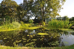 A pond with lily pads and surrounding greenery, a wooden fence, and trees. - Home Farm (Muir of Ord)