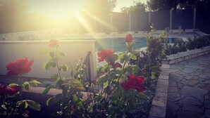Area piscina con rose rosse e un vialetto in pietra.