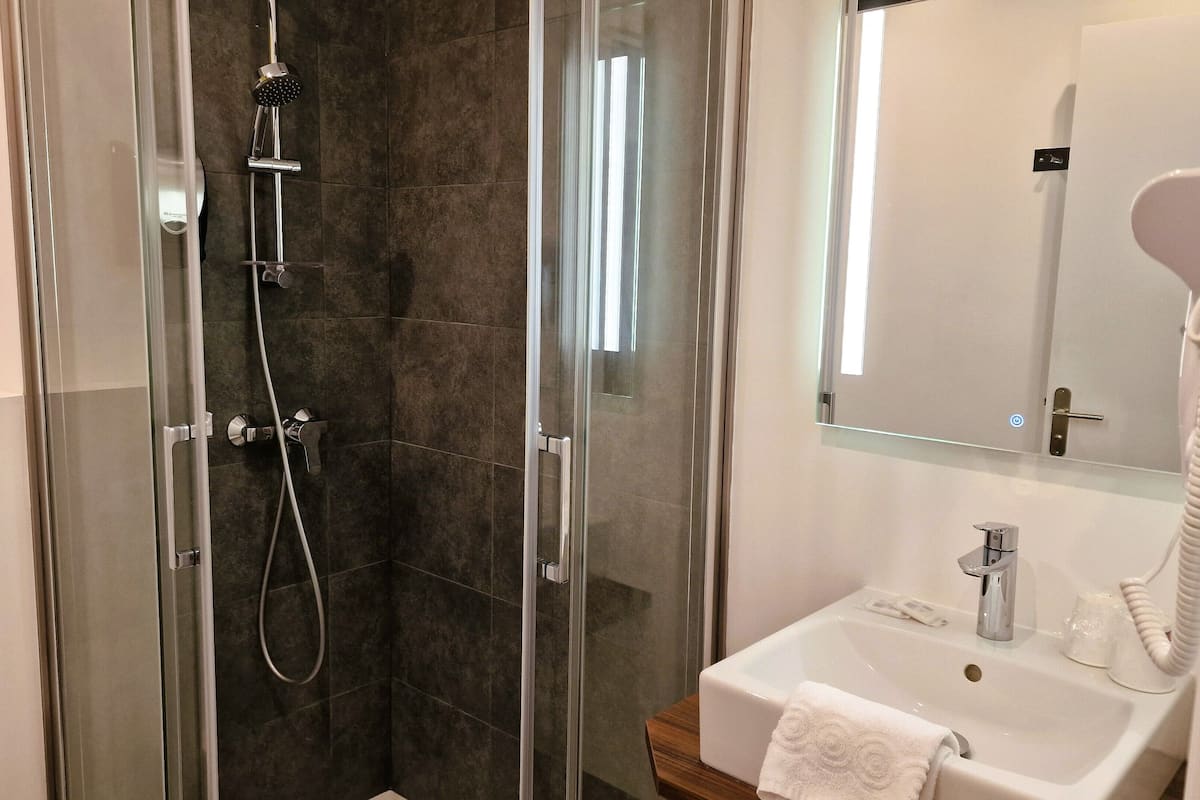 shower, free toiletries, hair dryer, towels