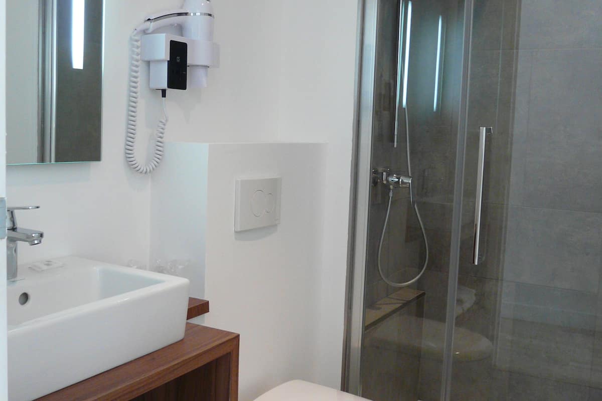 twin room | bathroom | shower, free toiletries, hair dryer, towels