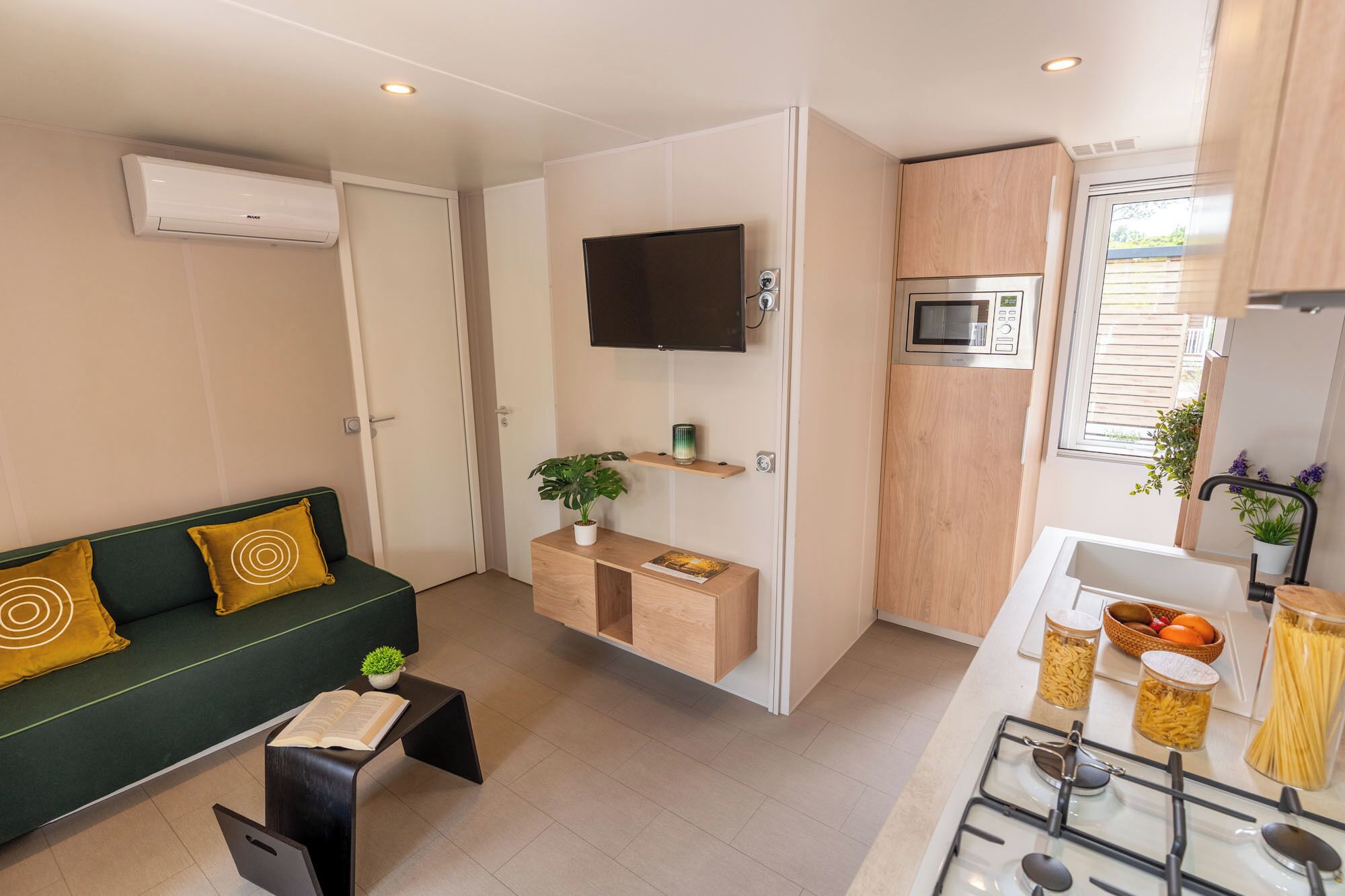 Un espace de vie compact comprenant un canapé, un téléviseur à écran plat, un four à micro-ondes, une cuisinière à gaz et un petit coin cuisine.