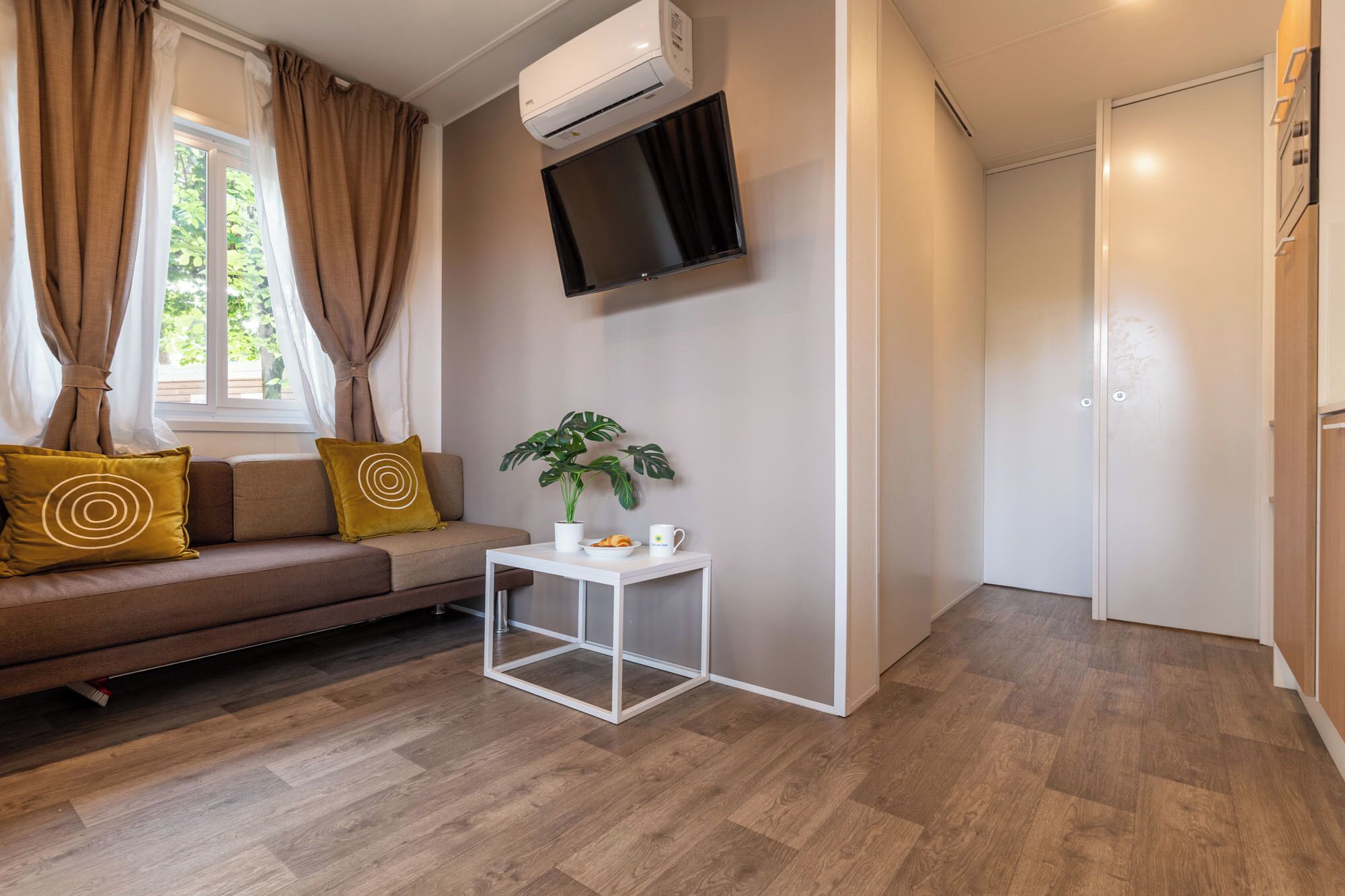 A modern living room with a sofa, a small table with a plant, a mounted TV, and a door.