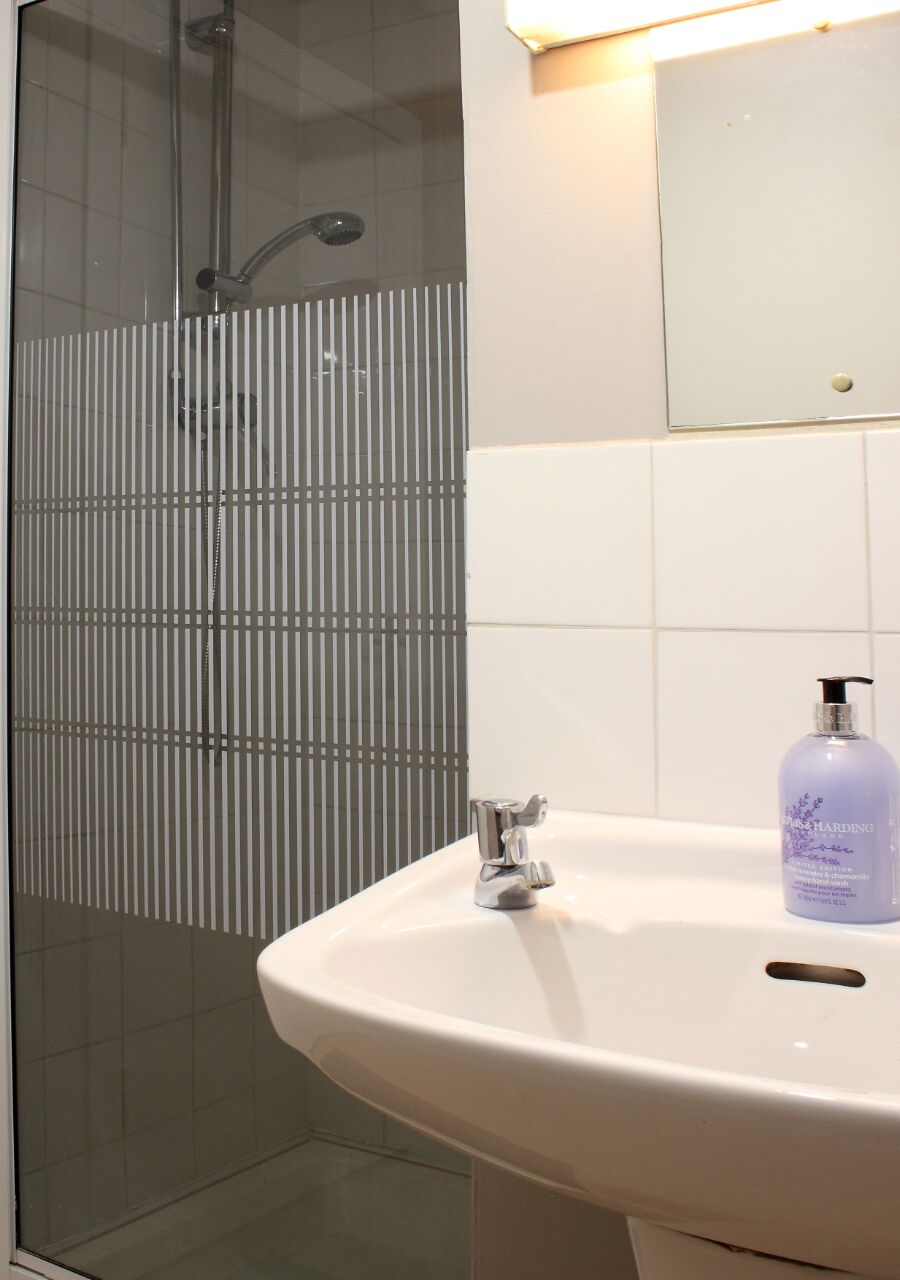 A bathroom with a shower, a sink, and a mirror.