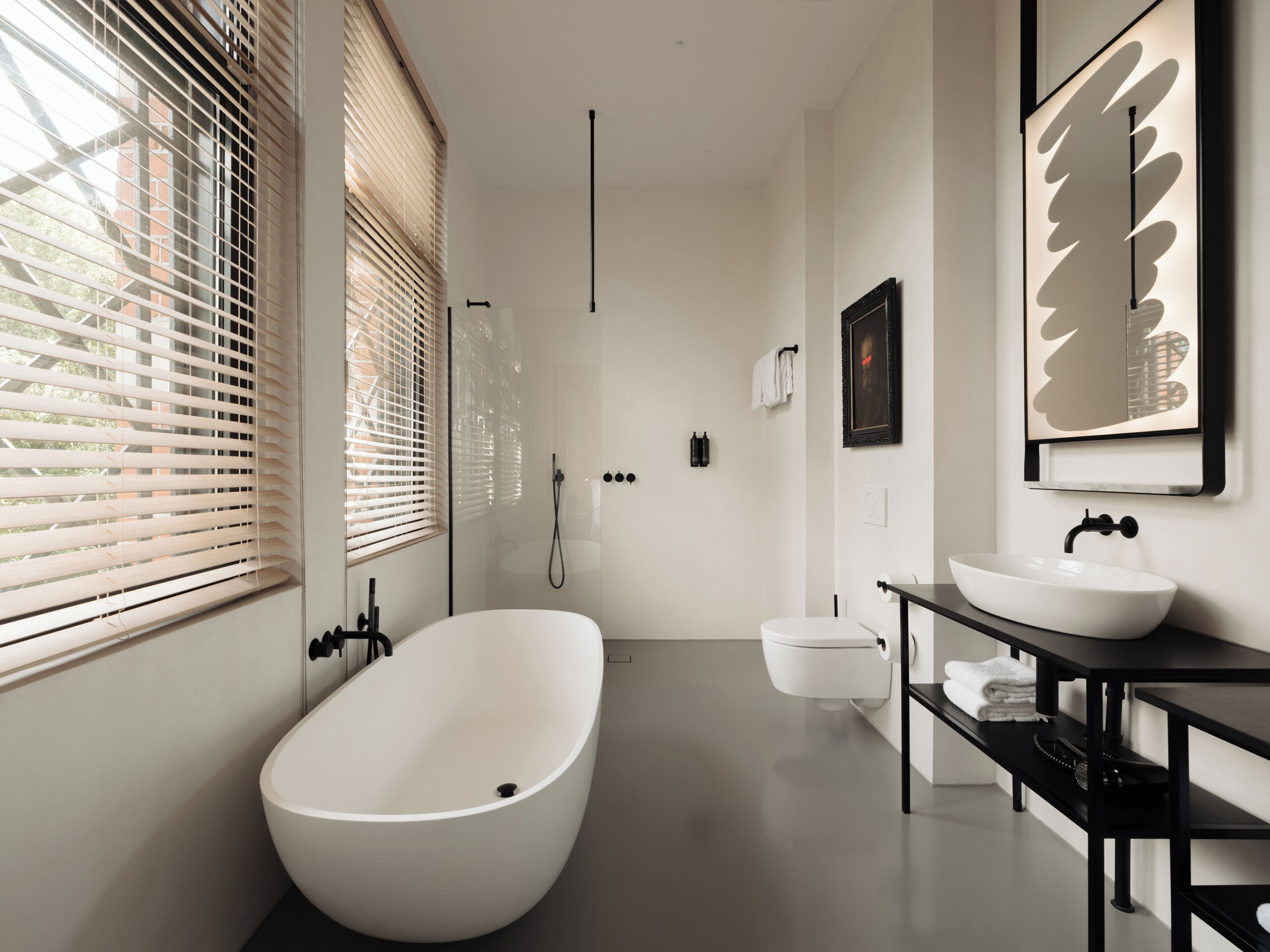 conscious wow room, park view | bathroom | shower, eco-friendly toiletries, hair dryer, towels