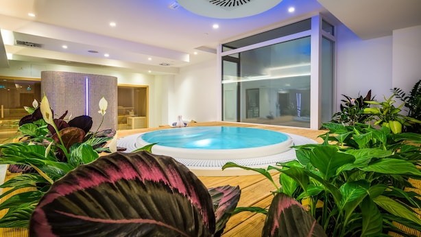 A modern indoor pool area with a hot tub, surrounded by lush plants and a large glass wall.