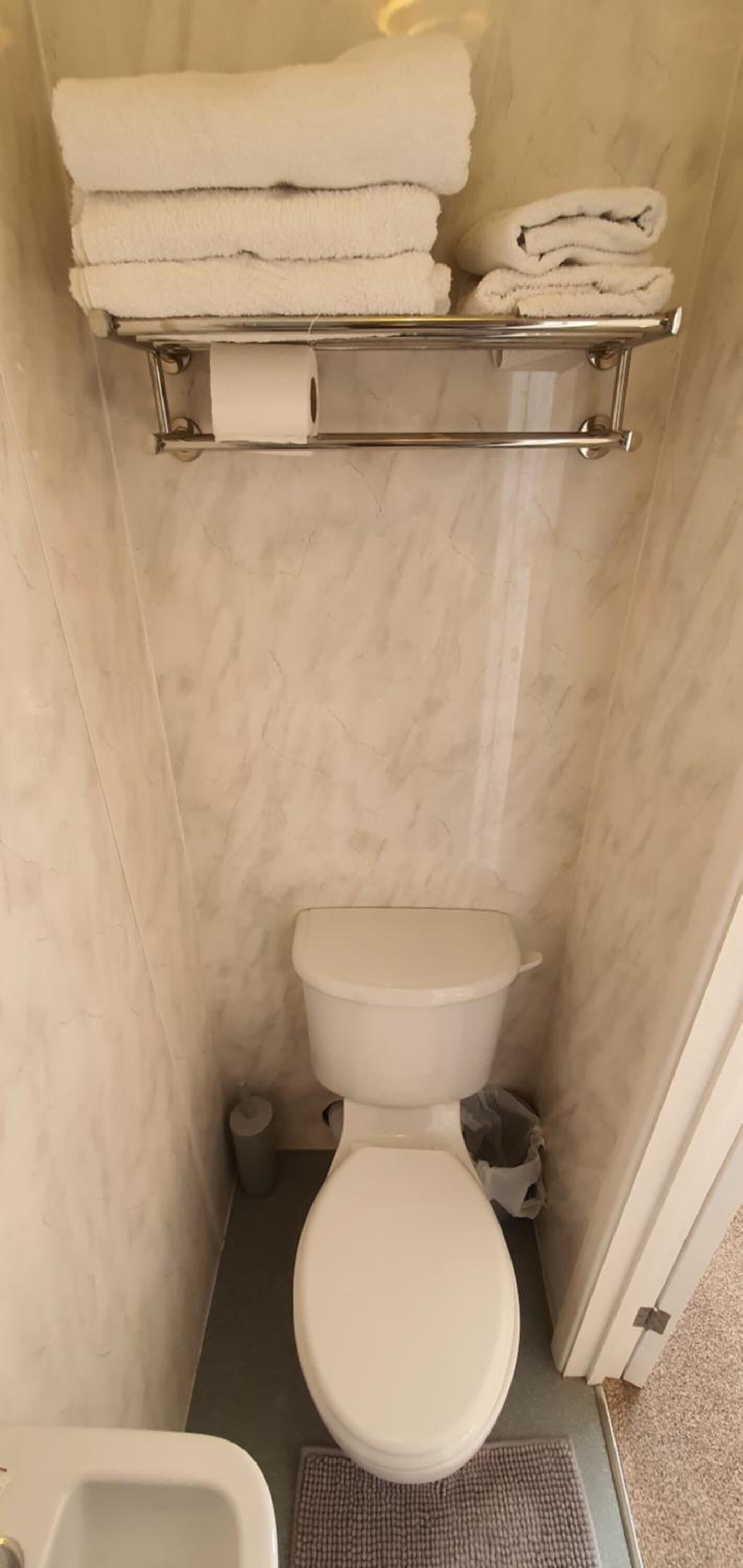 A small, compact bathroom with a toilet, a bidet, and a towel rack with folded towels.