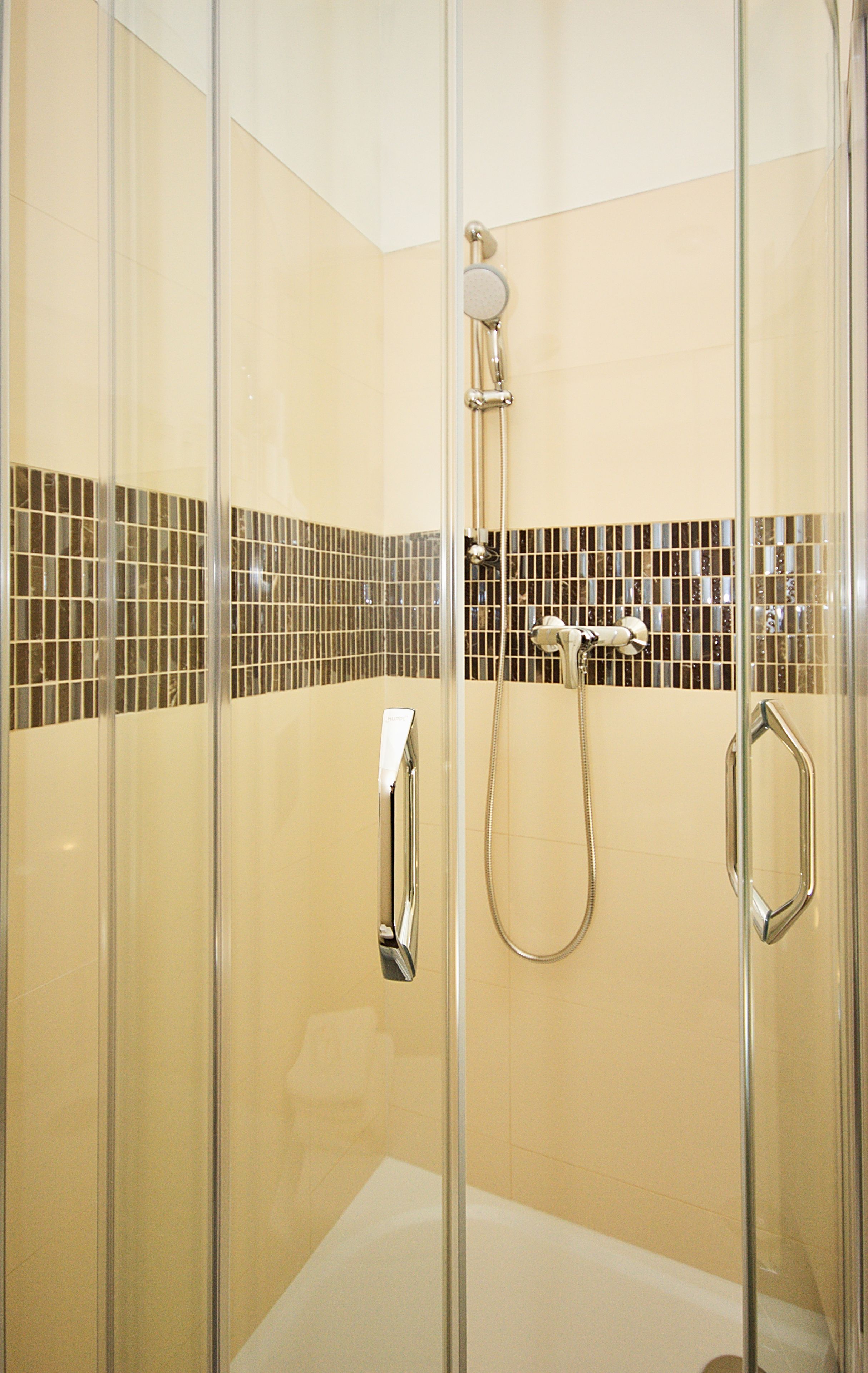 A glass-enclosed shower with a handheld showerhead and a wall-mounted faucet.
