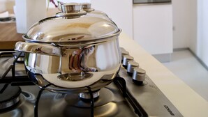 Una cocina con estufa a gas, una olla de acero inoxidable, un armario blanco y una planta en maceta.