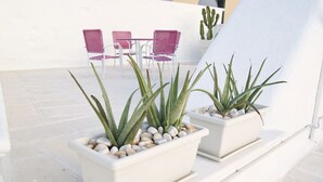 Una terraza con macetas blancas que contienen plantas de aloe y piedras blancas, una mesa blanca con sillas rosadas y un cactus al fondo.