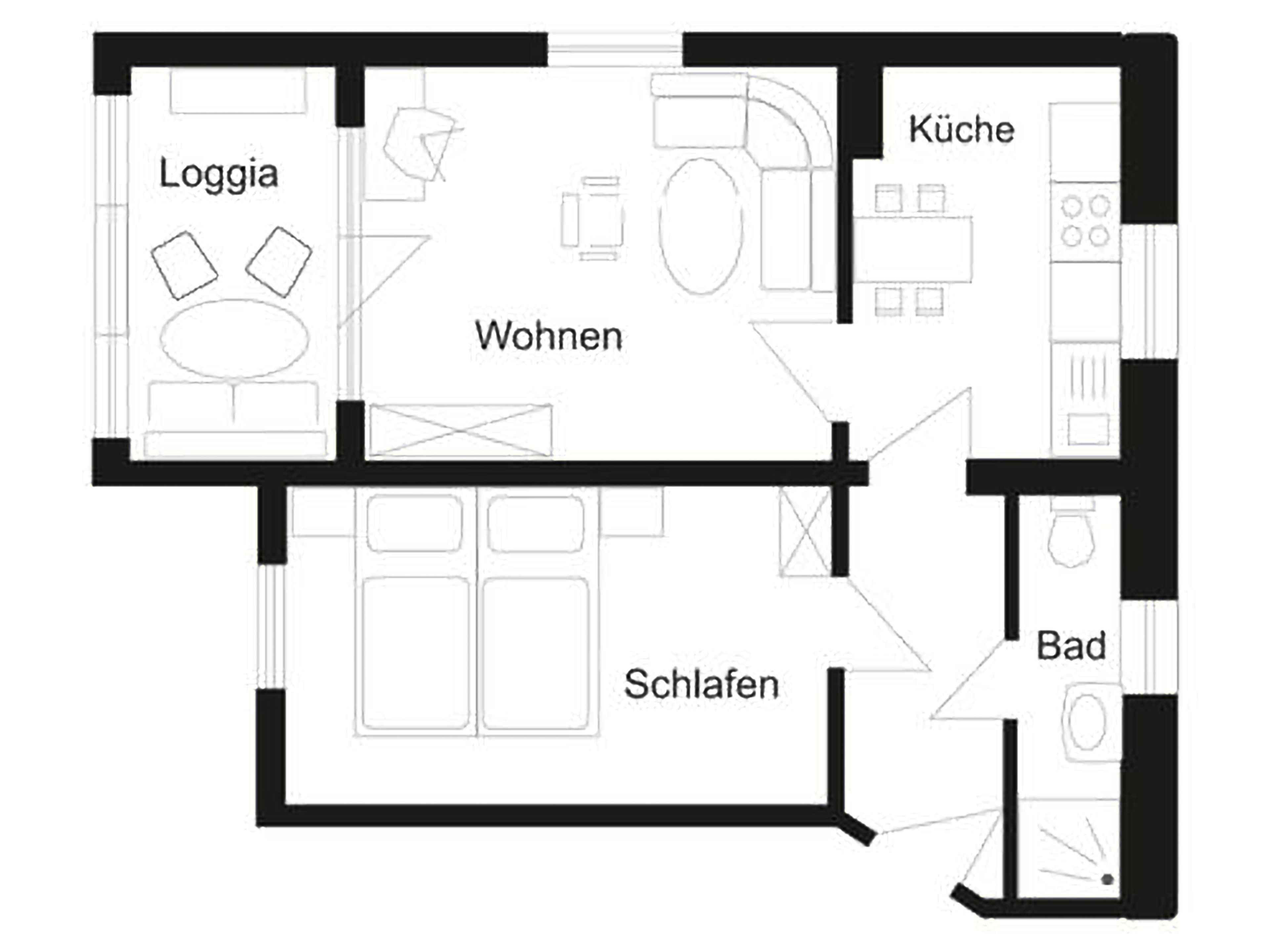 Ein Grundriss mit Wohnzimmer, Küche, Bad und zwei Schlafzimmern.