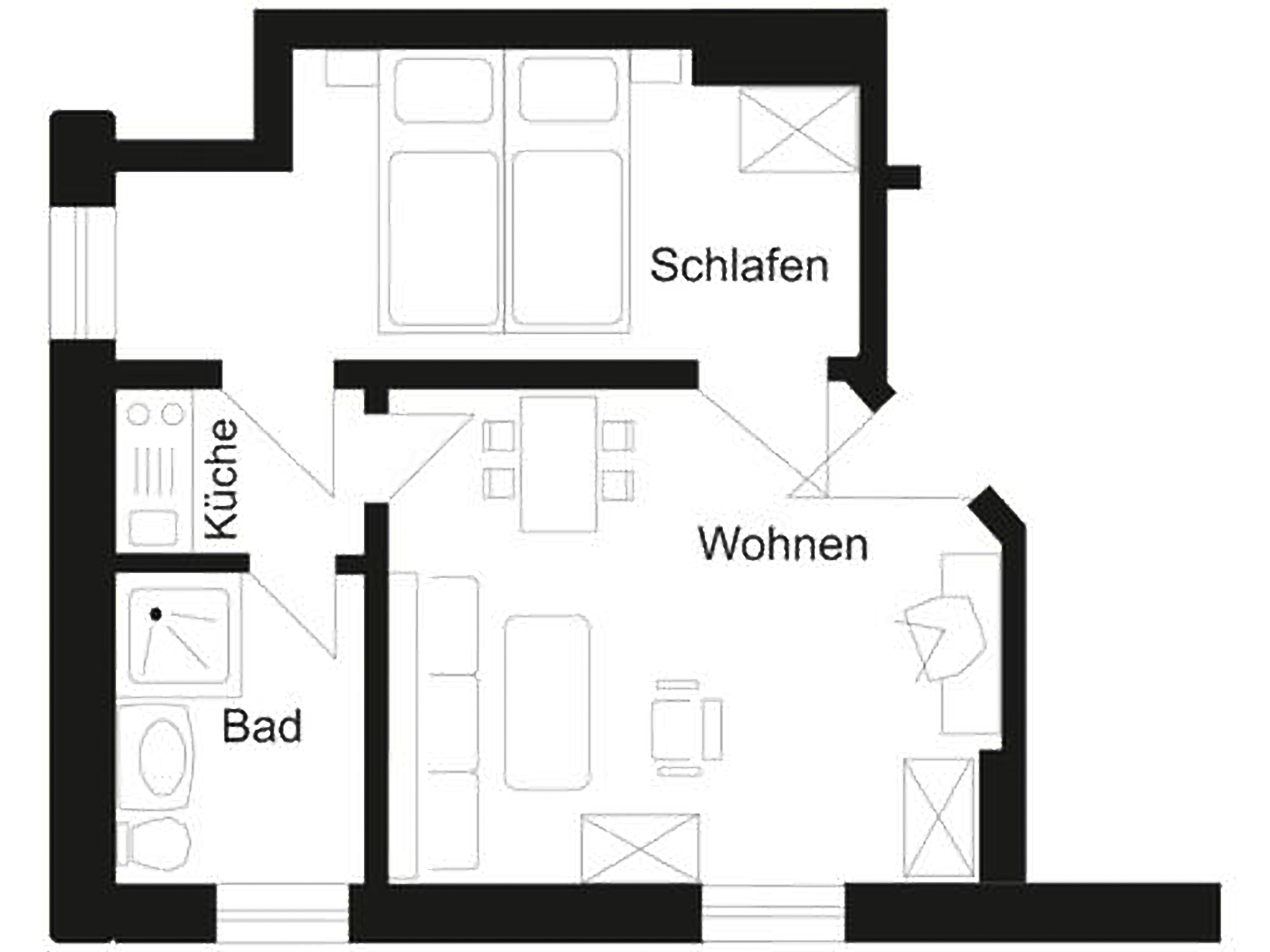 A floor plan with a kitchen, living area, and bedrooms.