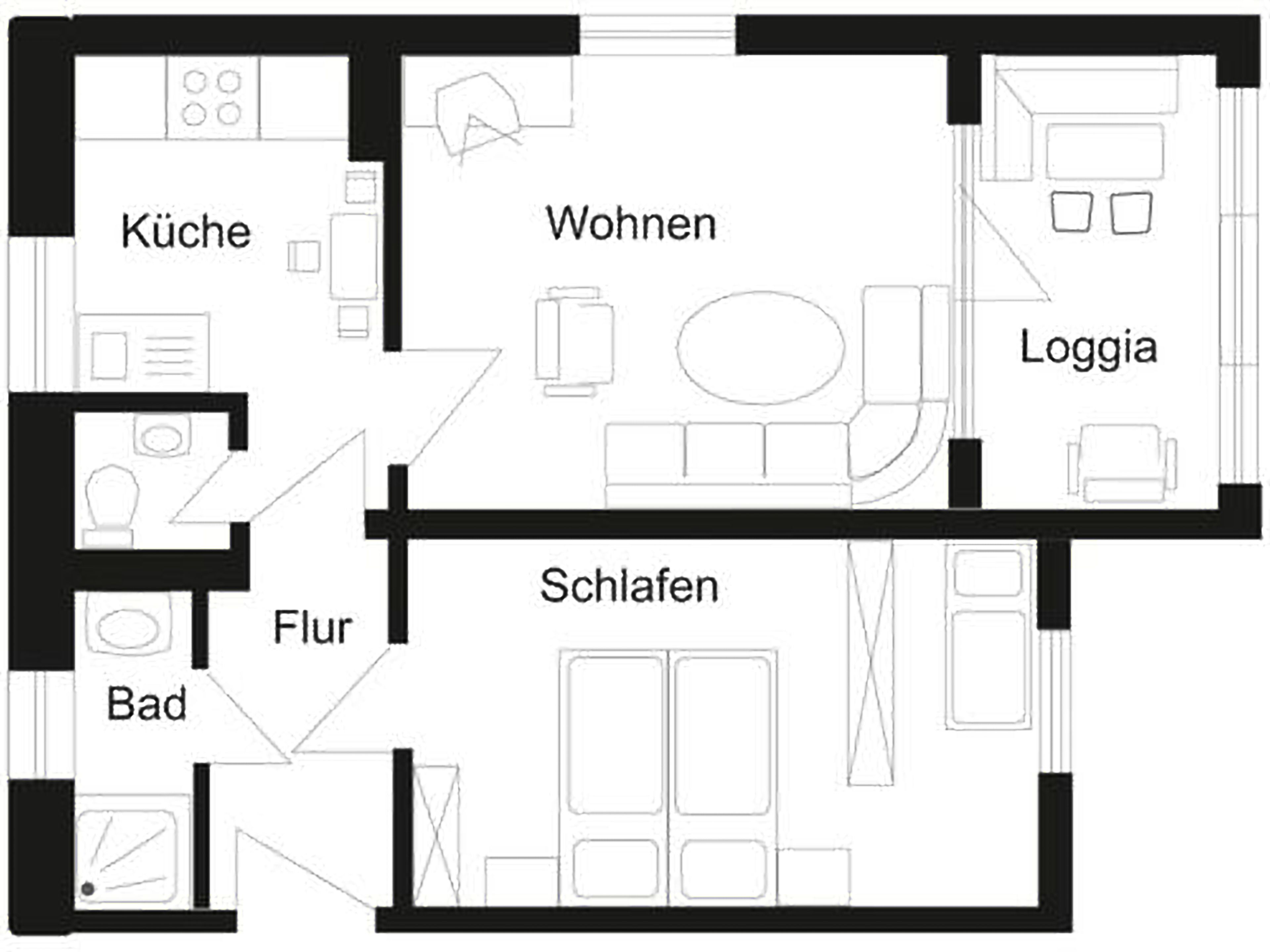A hotel layout with a kitchen, living area, loggia, bathroom, and two bedrooms.