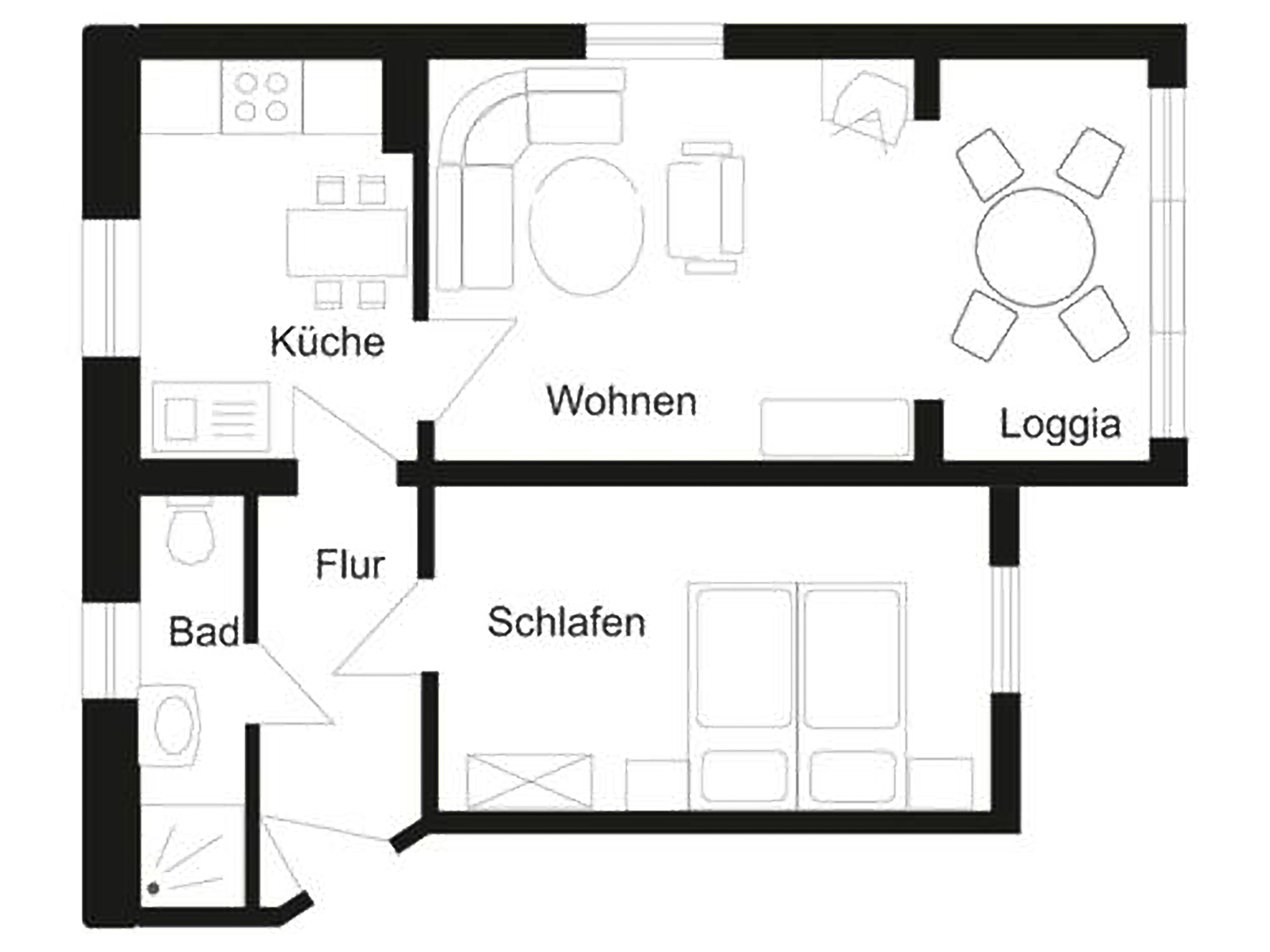 Un plan d’étage indiquant les différentes pièces : cuisine, salon, salle à manger, salle de bain et chambres.