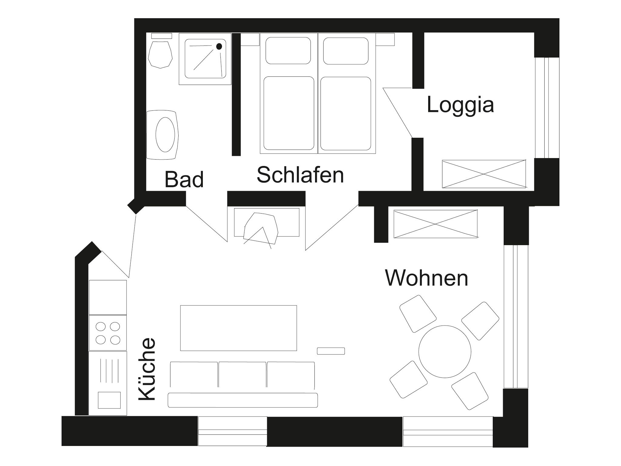 A floor plan of a hotel with labeled rooms: Bad, Schlafen, Loggia, Küche, and Wohnzimmer.