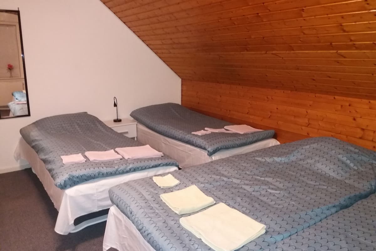A room with two beds, each with a grey patterned bedspread and white pillows. There is a small bedside table with a lamp and a mirror on the wall.