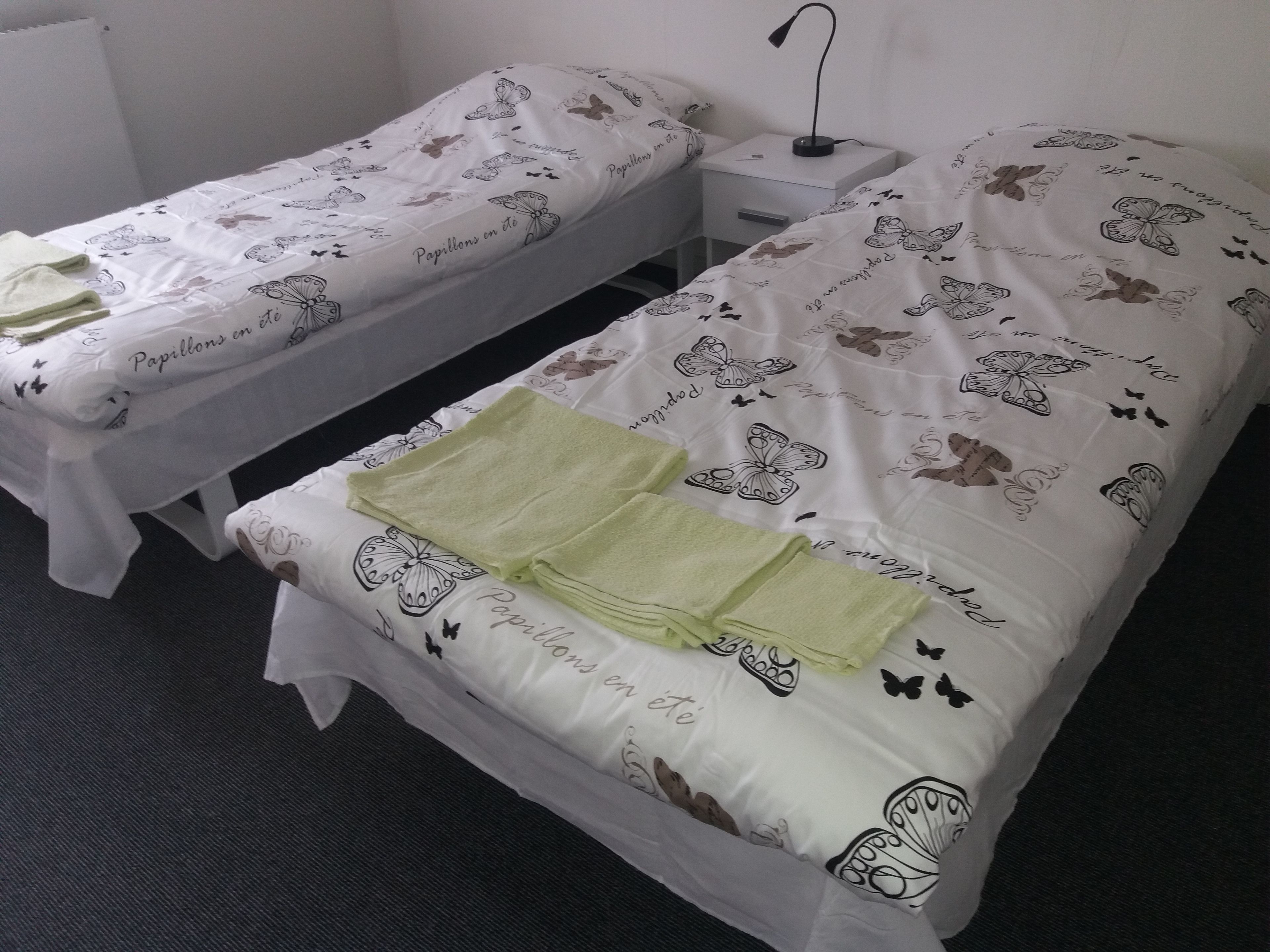 Habitación doble con dos camas individuales, cada una con una colcha blanca adornada con motivos de mariposas y el texto 'Papillons en ete'. Se aprecia una mesita de noche con una lámpara a un lado y un cajón al otro.