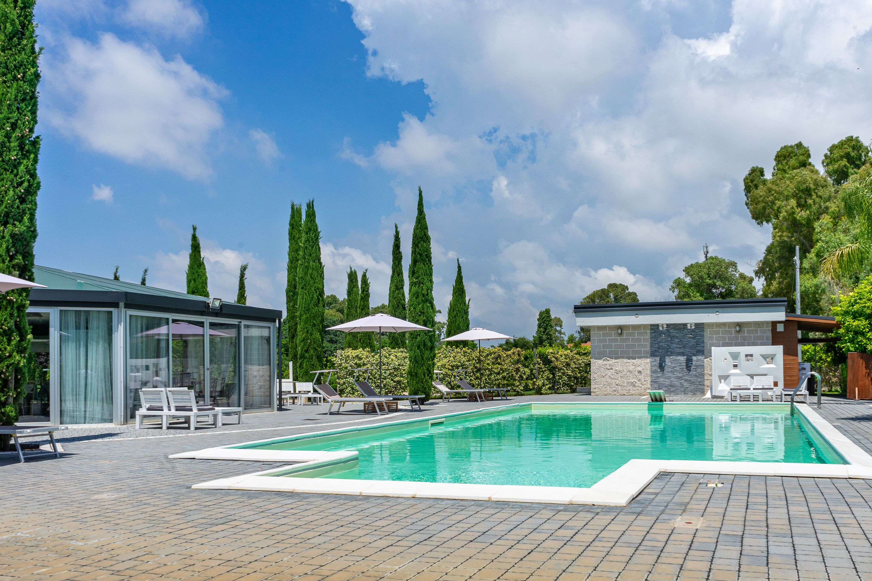 A swimming pool with lounge chairs and umbrellas, surrounded by tall trees and a clear sky.