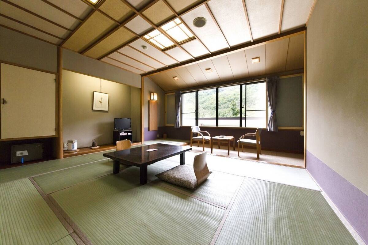 A traditional Japanese room with tatami flooring, a low table, chairs, a television, and a view of greenery outside.