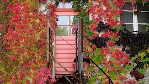 Una escalera de caracol conduce a una puerta roja, rodeada de follaje otoñal intenso.