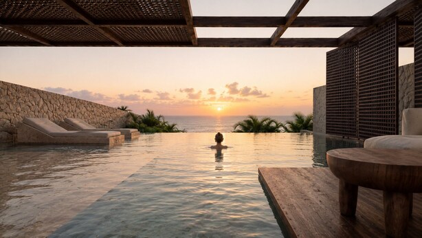 An infinity pool with a sunset view, lounge chairs, and a wooden deck. - Thalasses Villas Rethymno (Rethymno)