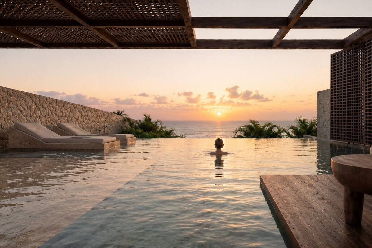 An infinity pool with a sunset view, lounge chairs, and a wooden deck.