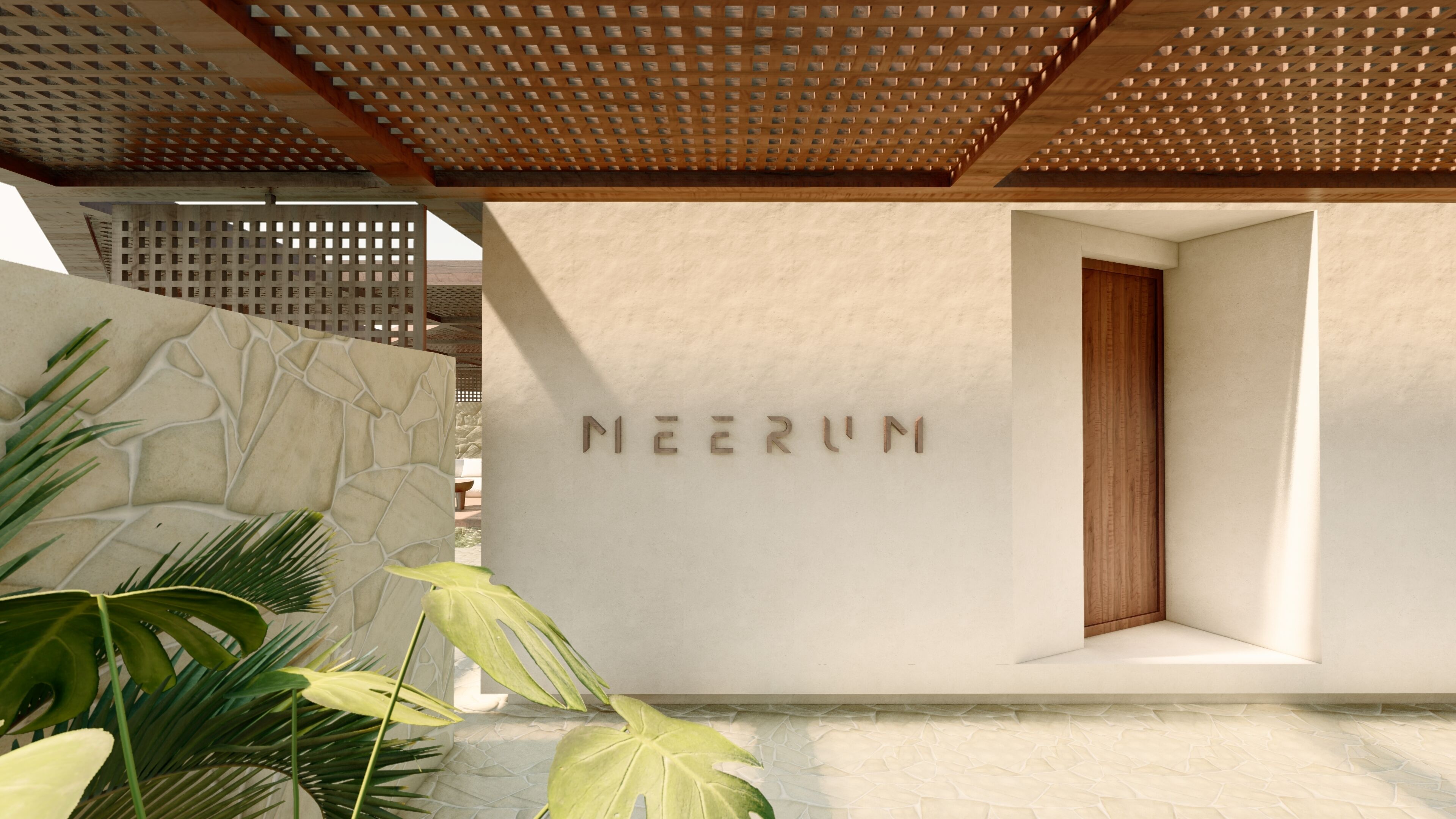 Ein moderner Gebäudeeingang mit einer Stein-Fassade, einer Holztür und dem Namen 'NEERUM' in der Mitte.