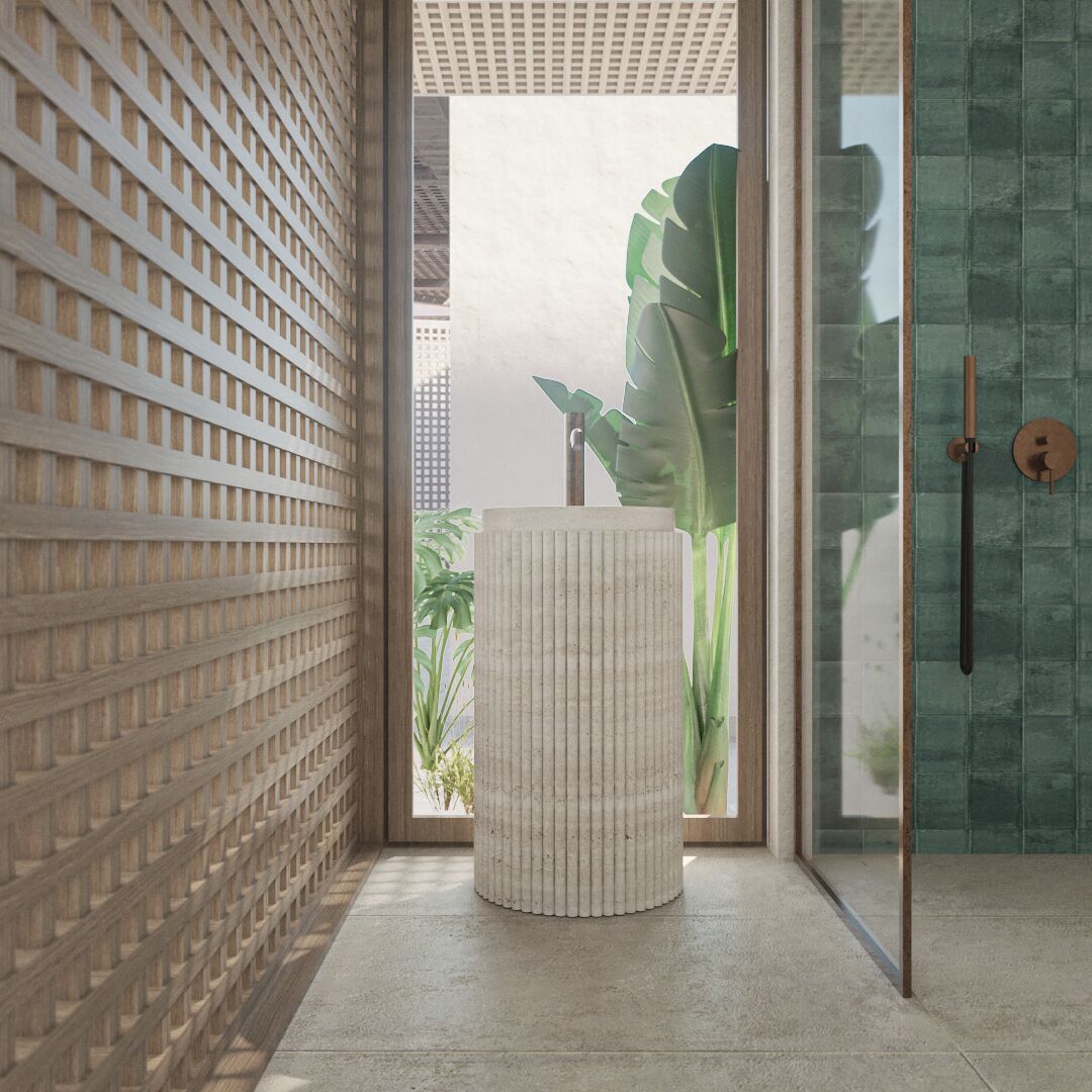 A modern bathroom with a concrete floor, a wooden lattice wall, a large potted plant, and a glass shower enclosure.