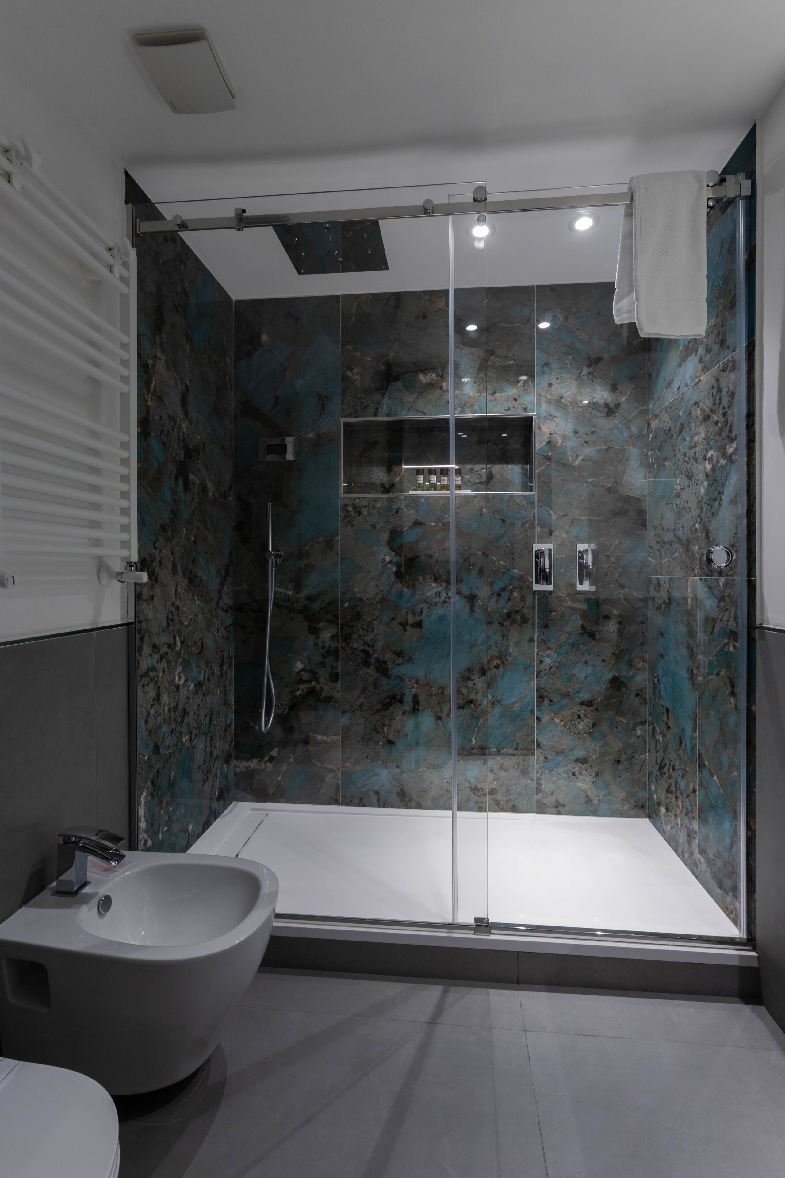 Un bagno moderno con doccia vetrocamera, un bidet e un water.