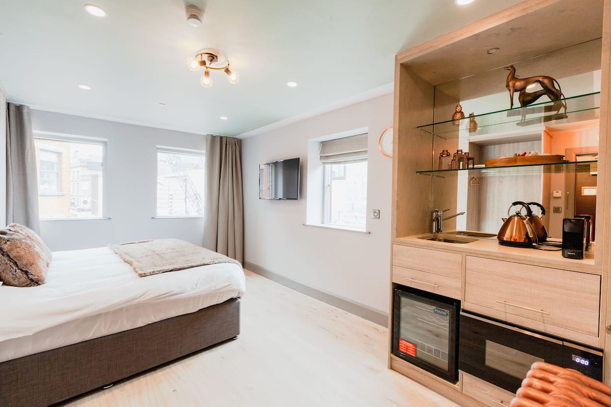 A modern bedroom with a bed, a built-in kitchen area, and a television.