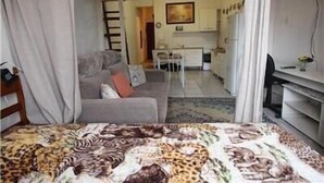 Une chambre avec un lit, un canapé, un bureau et, au fond, un coin cuisine.