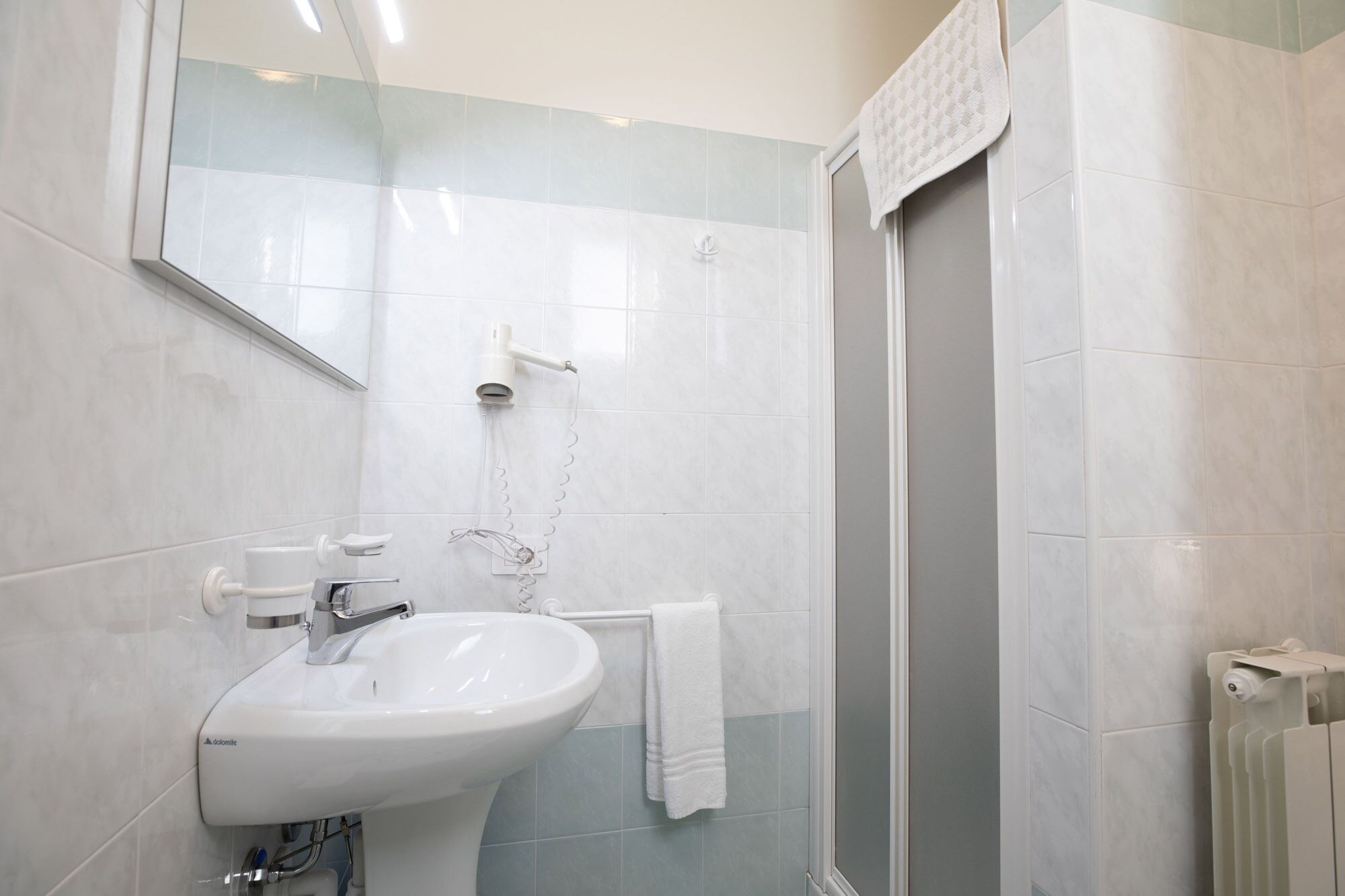 Un baño con lavamanos blanco, un espejo y zona de ducha.