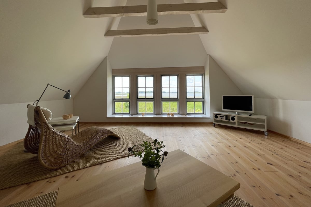 Um quarto de sótão espaçoso com uma grande janela, piso de madeira, uma cadeira de vime, uma pequena mesa com uma planta e um suporte para televisão.