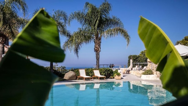 Una piscina con sillas de descanso, palmeras y una vista despejada del océano.