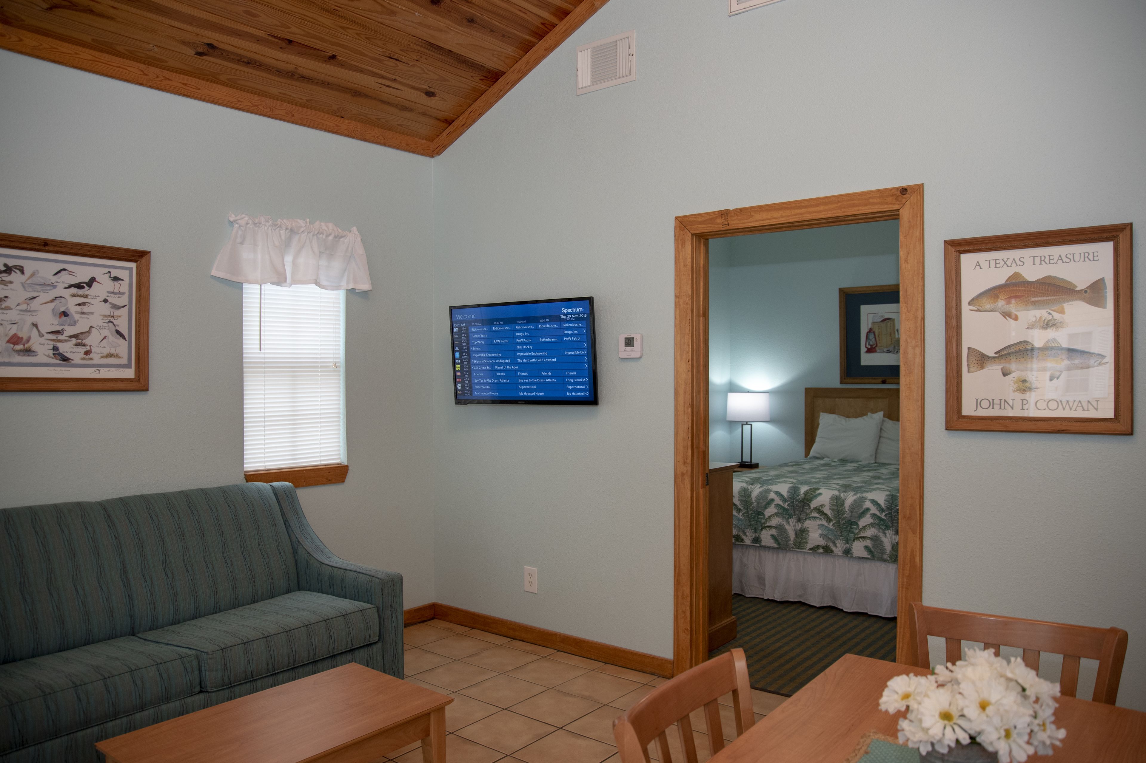 Une pièce avec un plafond en bois, un mur bleu, une affiche encadrée représentant un poisson, un téléviseur, une fenêtre avec des stores, un canapé, un lit recouvert d’une couvre-lit à motifs floraux et un coin repas avec une table et des chaises.