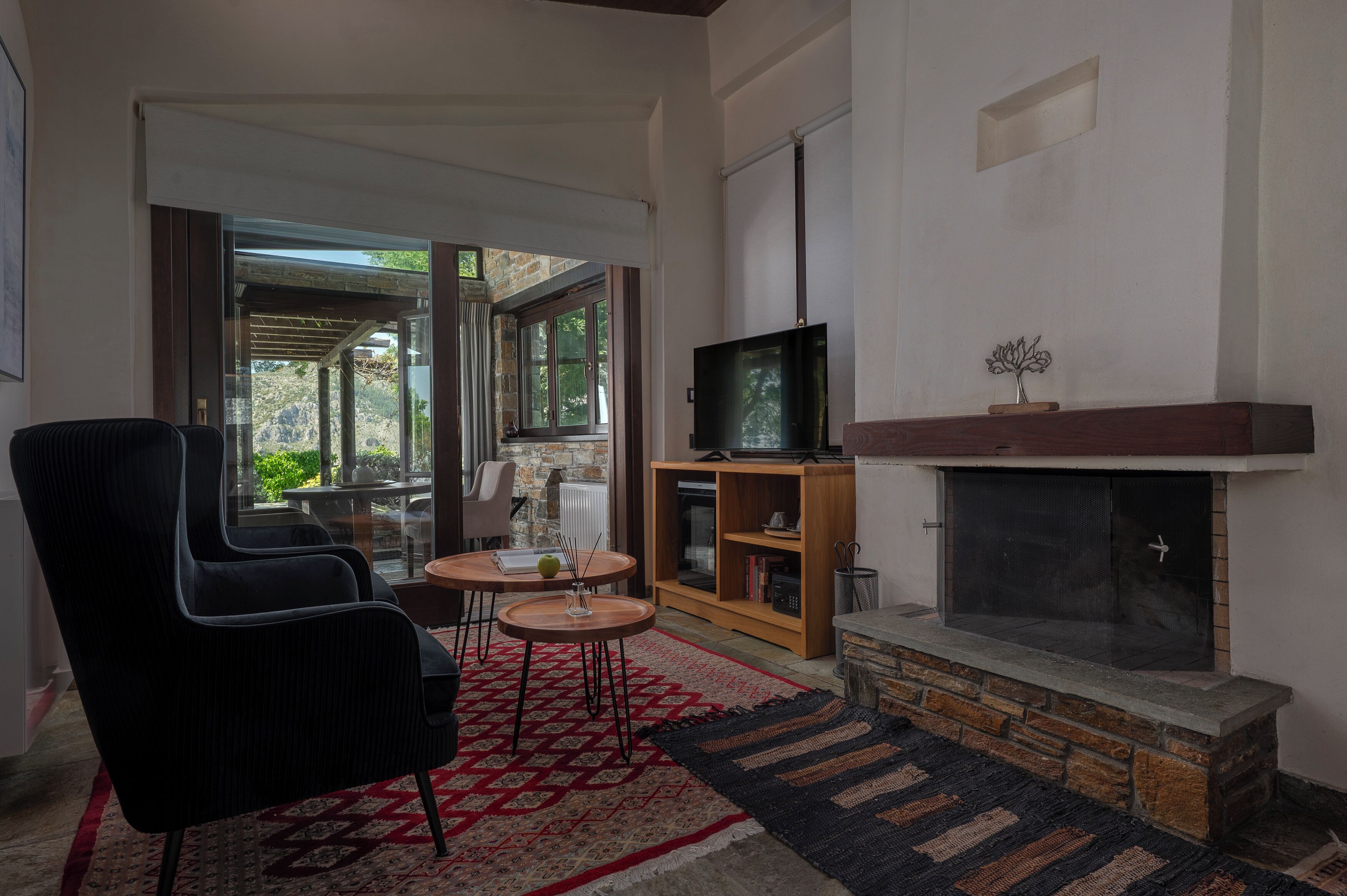 A living room with a fireplace, a television, a dining area with a table and chairs, and a view through a glass door.