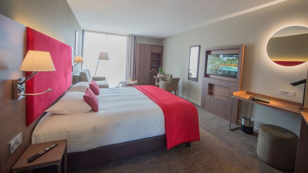 Una habitación de hotel con una cama grande, televisión, escritorio y una silla.