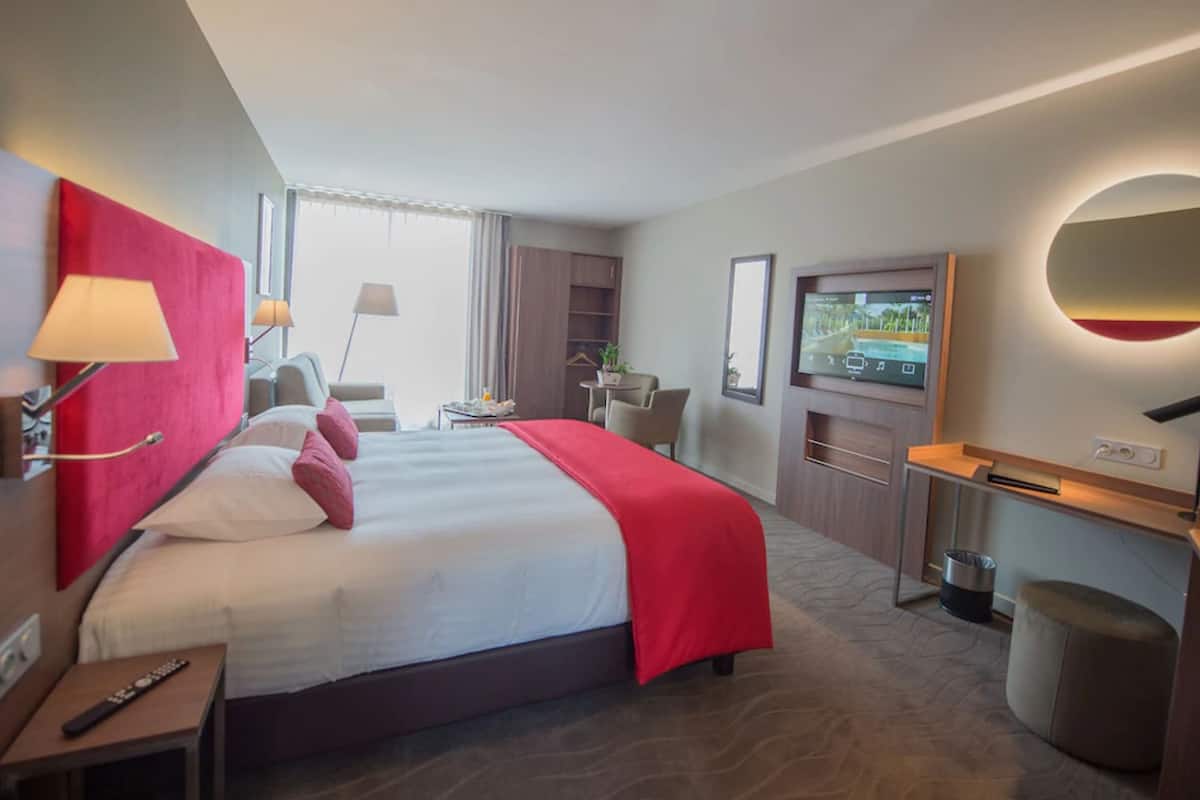 A hotel room with a large bed, a TV, a desk, and a chair.