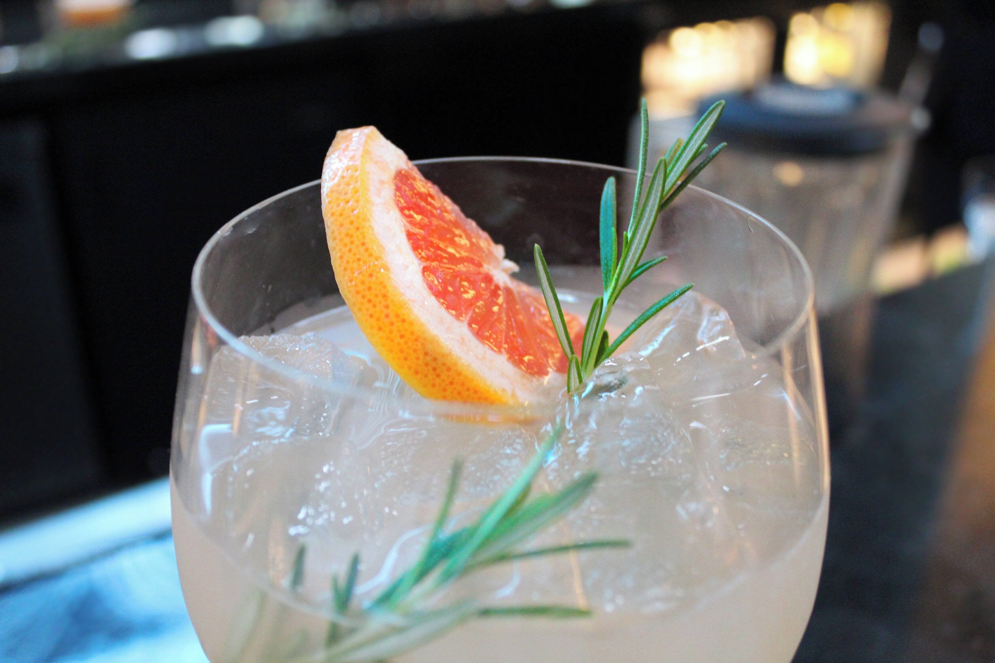 A glass with ice cubes, a slice of citrus fruit, and a sprig of rosemary.