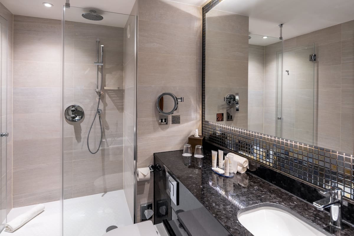 designer toiletries, hair dryer, towels, soap