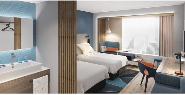 A modern hotel room with two beds, a desk, and a large window with a city view.
