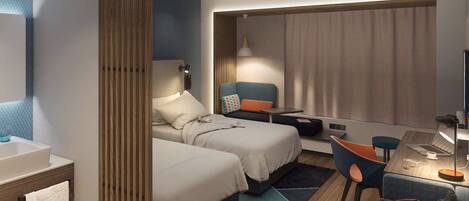 A modern hotel room with two beds, a desk, a chair, and a large window with curtains.