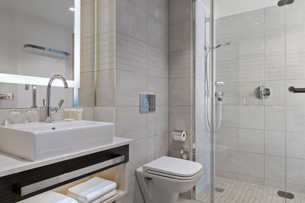 studio, 1 queen bed with sofa bed, non smoking | bathroom | shower, free toiletries, hair dryer, towels