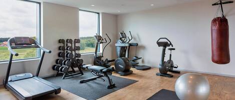 A modern gym with treadmills, weight machines, and a punching bag.
