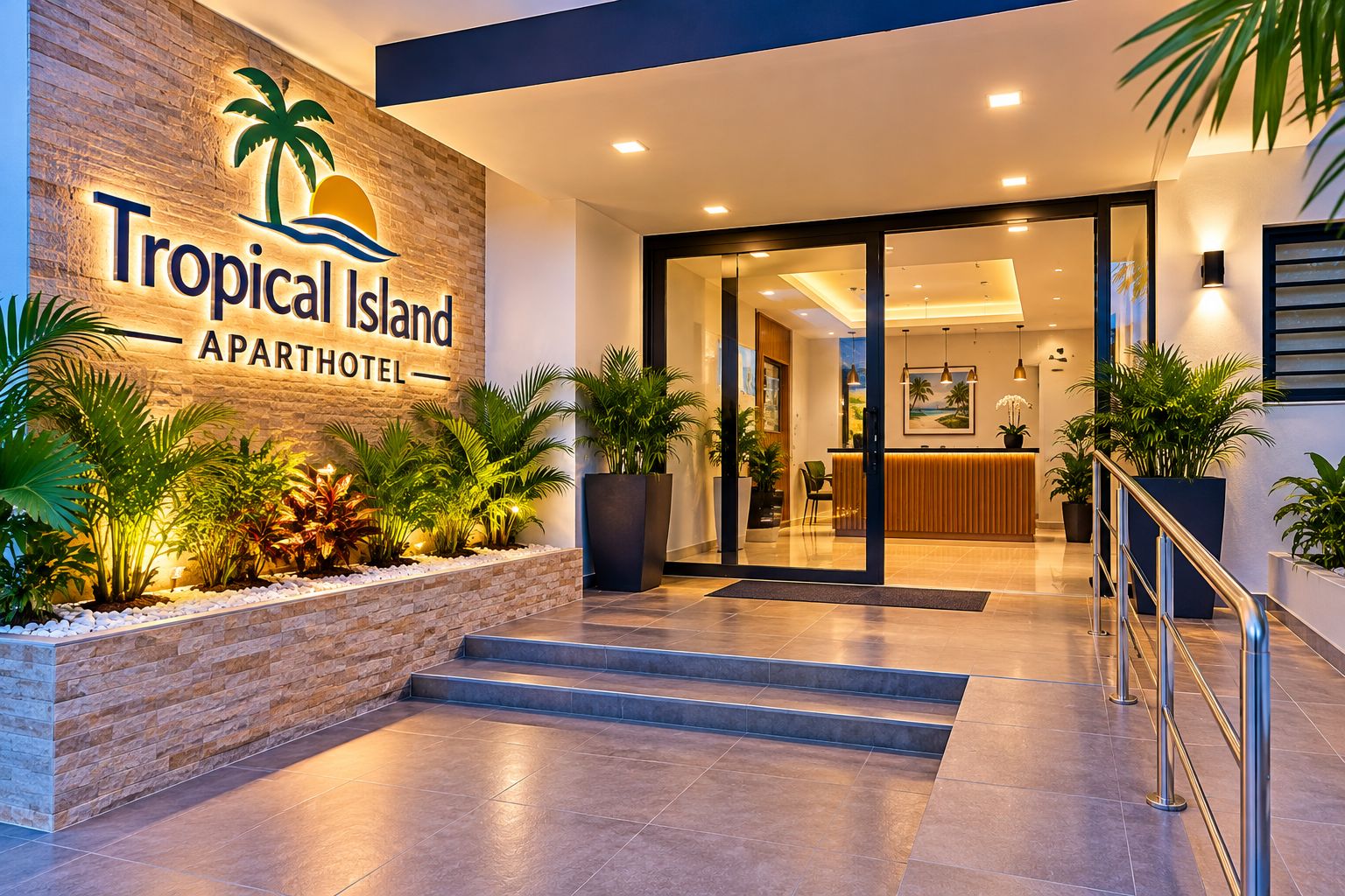 The entrance to Tropical Island Apartment Hotel with a reception desk, indoor plants, and a staircase leading to the interior.