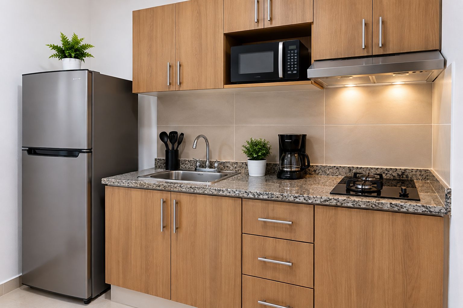 Une cuisine moderne équipée d’un réfrigérateur en acier inoxydable, de meubles en bois, d’un plan de travail en granit, d’un four à micro-ondes, d’une machine à café et d’une cuisinière à gaz.