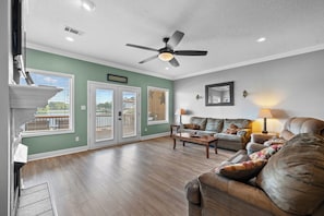 Smart TV, fireplace, DVD player, books